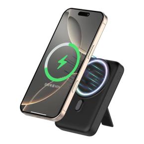 OKZU C1038 Black 10000mAh Magnetic Wireless Portable Charger LED Display Power Bank with Folding Holder Type-C PD 20W Battery Pack